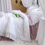 Triogift  France Style Bedding Set Luxury Purple Princess Bedspread White Printing Egyptian Cotton Lace Duvet Cover Bed Skirt Pillowcases