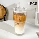 Triogift 2/1PCS 600ML Stripe Glass Cup With Lid and Straw Transparent Drinking Glasses for Juice Milk Tea Mug Iced Coffee Cups Drinkware