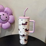 Triogift  -  1200ml Kawaii Puppy Thermos Mug Tumbler For Ice Coffee Water Tea Large Cute Stainless Steel Car Thermal Cups With Straw Handle