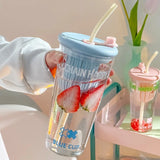 Triogift  -  Cute Korean  Glass Cup With Lid And Straw Infuser Large Glass Bottle Aesthetic For Water Tea Juice Drinking Bottle Gift 750ml