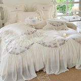 Triogift  Romantic French Wedding Bedding Set 1000TC Egyptian Cotton Rose Flowers Embroidery Ruffles Duvet Cover Set Bed Sheet Pillowcases