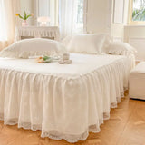 Triogift Solid Color Bed Skirt & Pillowcase Washed Cotton Wrap Around Bedskirt with Embroidered Lace White Pleated Dust Ruffle Bed Sheet