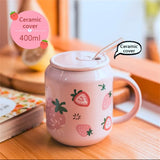 Triogift  -  1pc 400ml Cute Fruits Mugs Creative Can Cartoon Ceramic Mug With Straw Lid Milk Tea Mug Office Home Travel Coffee Water Cup