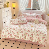 Triogift Botanical Floral Duvet Cover Single/Queen, Washed Cotton Garden Flower Pattern Comforter Cover 3Pcs Reversible Pink Bedding Set