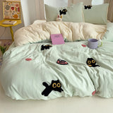 Triogift Bedding Set 2024 New Four Seasons Super Soft Washed Cotton Towel Embroidery Duvet Cover Four Piece Set - Lucky Cat Series