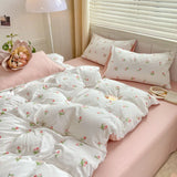 Triogift Romantic Tulip Bedding Set Bed Flat Sheet Pillowcase Twin Full Queen Princess Style Bed Linen Girls Pink Floral Duvet Cover