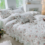 Triogift  Chic Duvet Cover Set Cotton King Size Double Bed Print Floral Princess 4pcs Bedding Set Ruffle Skirted Bedspread 2 Pillowcases