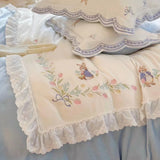 Triogift  Embroidered Milk Fiber Vintage Rabbit Four-Piece French Girl Heart Embroided Bed Sheet Quilt Cover