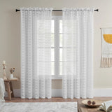 Triogift  Vertical Striped White Hair Ball Sheer Curtain for Small Window Kitchen Voile Drape Flower Cutting Design