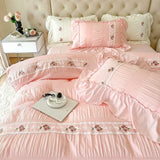 Triogift French Embroidered Lace Bubble Gauze Bedding Set Pink Elegant Princess Style Queen Duvet Cover Set Ruffled Comforter Cover Sets