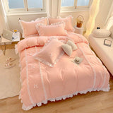 Triogift  Korean Princess Style Bedding Sets Ins Lace Bowknot Duvet Cover Fitted Sheet For Girl Woman Home Bedroom Kawaii Bed Linens