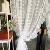 Triogift  3D White Pompom Embroidery Tulle Modern Striped Sheer Curtains for Living Room Ruffle Design Translucent Voile Window Drapes