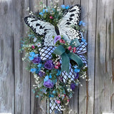 Triogift  Spring Summer Wreath for Front Door Rose Butterfly Simulation Flower Wreath Window Decoration Artificial Wreath Hanging Decor