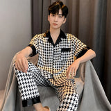 Triogift  Design Houndstooth Pajama Men Ice Silk Pyjama Set Youth Home Wear Teenager Night Clothes Long Sleeve Suit Sleepwear-Set Male