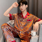 Triogift  High Quality Pajamas Suit Men Summer Ice Silk Short Sleeve Thin  Sleepwear Satin Paisley Print Sleepwear Teen Loungewear Male