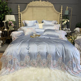 Triogift  Luxury Hotel Wedding Bedding Set Bed Linen Duvet Cover Sets With Embroidery 600 Thread Long Staple Cotton Blue Princess 3/4 PCS