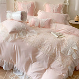 Triogift Korean Princess Wind Bedding Set Lace Bow Solid Color Beautiful Edge Lace Pleated Bedding Cover Luxury Girl Wedding Home Bed