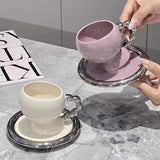 Triogift  -  English Afternoon Tea Coffee Cup Saucer Delicate Ceramic White Purple Couple Mug Latte Art Coffee Cup Home Breakfast Mug Gifts