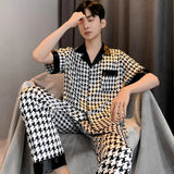 Triogift  Design Houndstooth Pajama Men Ice Silk Pyjama Set Youth Home Wear Teenager Night Clothes Long Sleeve Suit Sleepwear-Set Male