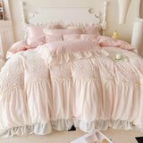 Triogift Korean Princess Bedding Set Hollow Lace Patchwork Solid Color Lace Ruffle Duver Cover Set Luxury Girls Wedding Home Textiles