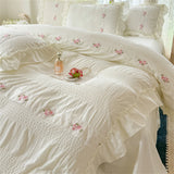 Triogift Korean Style Bed Set Seersucker Flower Embroidery Four Piece Set With Lace Bed Flat Sheet Pillowcase Duvet Cover Set Textiles