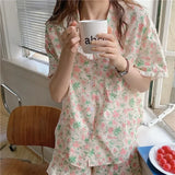 Triogift  Korean Style Sleepwear Women Pajamas Shorts Sets Floral Pijama Loungewear Cute Summer Two Piece Set Ruffle Night Wear Home Suit