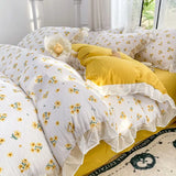 Triogift French Golden Sunflower Floral Lace Seersucker Bedding Set Washed Cotton Four-piece Set Student Bed Sheet Three-piece Set