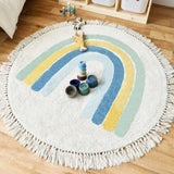 Triogift Machine Washable Tassel Carpet Round Cute Cartoon Rainbow Children Bedroom Fluffy Rug Home Decoration Creativity No Crease Mat