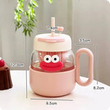 Triogift  -  600ml Kawaii Glass Cup With Lid And Straw For Ice Hot Coffee Water Tea Juice Glass Mug Bottle Aesthetic Large Drink Bottle Gift