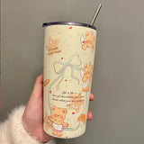 Triogift  -  Kawaii Bear Sainless Steel Thermos Insulated Tumbler For Ice Coffee Tea Beer Juice Cute Korean Water Bottle Cup With Straw 550ml