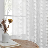 Triogift  Vertical Striped White Hair Ball Sheer Curtain for Small Window Kitchen Voile Drape Flower Cutting Design