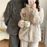 Triogift  Couple Pajamas Set Autumn Winter Flannel Long Sleeve Zipper Long Plush Sleepwear Suit Men Nightcloth Thick Velvet Thermal Women