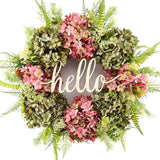 Triogift  Artificial Hydrangea Wreath for Front Door Home Decoration Hydrangea Garland Wall Background Wedding Party Decor Hello Wreath