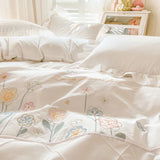 Triogift  Ruffle Trim White Flower Embroidery Cotton Bedding Set Duvet Cover Linen Fitted Sheet Pillowcases Home Textile