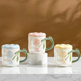 Triogift Romantic Relief Rose Ceramic Mug Handmade Gift Creative Coffee Cup and Tea Cup Hand Drawn Design