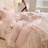 Triogift Korean Style Princess Lace Bow Bedding Set Pink Sweet Girl Chiffon Ruffles Duvet Cover Bed Sheet Pillowcase Wedding Home Textile