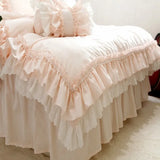 Triogift  Super Sweet Solid Color Bedding Sets Luxury Princess Wedding Pink Lace Ruffle Cotton Duvet Cover Bedspread Bed Skirt Pillowcases