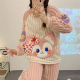 Triogift  Fleece Pajamas Women Autumn Winter Sleepwear Suit Cute Dormitories Loungewear Plush Thick Coral Velvet Home Clothes Sets Pijamas