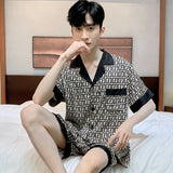 Triogift  Ice Silk Pajamas Suit Men Spring Summer New Typle Fashion Short Sleeve Polyester Loungewear Male Sleepwear Geentlemen Homewear