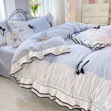 Triogift Korean Seersucker Bedding Set Princess Girls Lace Ruffled Bow Duvet Cover Double Bed Sheets Washed Cotton Twin Queen Quilt Cover