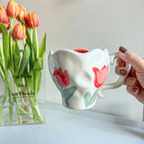 Triogift Korean Style Ins Niche Hand-painted Tulip Bleed Orchid Hand-kneaded Ceramic Cup Office Cute Mug Household Simple Dessert Cup