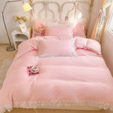 Triogift  Solid Color Bedding Set with Lace Edge Princess Style Pink Bed Cover Set Queen/King Bed Sheet Sets for Girls Double Bedding Sets