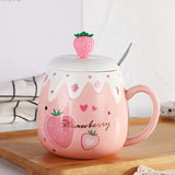 Triogift  -  1pc 450ml Cute Strawberry Ceremic Cup with Lid Spoon Water Cup Coffee Mug Creative Gift Easy To Clean Summer Winter Drinkware