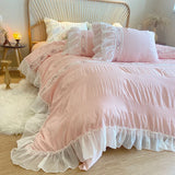 Triogift Pink Korean Princess Style Lace Ruffles Wedding Bedding Set Seersucker Washed Cotton Soft Duvet Cover Set Bed Sheet Pillowcases