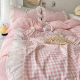 Triogift Korean Princess Style Lattice Double Layer Lace Bedding Set Soft Quilt Cover Plaid Style Duvet Covers Set Bed Sheet Pillowcases