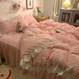 Triogift  Pink Ruffled Seersucker Duvet Cover Set 3/4pcs Soft Lightweight Down Alternative Grey Bedding Set with Bed Skirt and Pillowcases