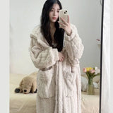 Triogift  Pocket Robe for Women Sleepwear Winter Nightdress Night Wears Warm Fleece Pajama One Piece Nightgown Hooded Sleeping Homewear