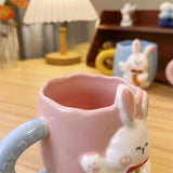 Triogift  -  Korean Style Cute Rabbit Ceramic Mug Cartoon Hand-painted Embossed Coffee Cup Household Milk Cup with Handle Spoon suit