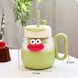 Triogift  -  600ml Kawaii Glass Cup With Lid And Straw For Ice Hot Coffee Water Tea Juice Glass Mug Bottle Aesthetic Large Drink Bottle Gift