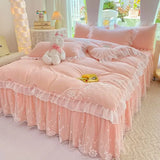 Triogift  Pink Lace Ruffle Bedding Set Luxury Bed Skirt Sheet Bedspread Korean Duvet Cover Girls Princess Bedspread Pillowcases